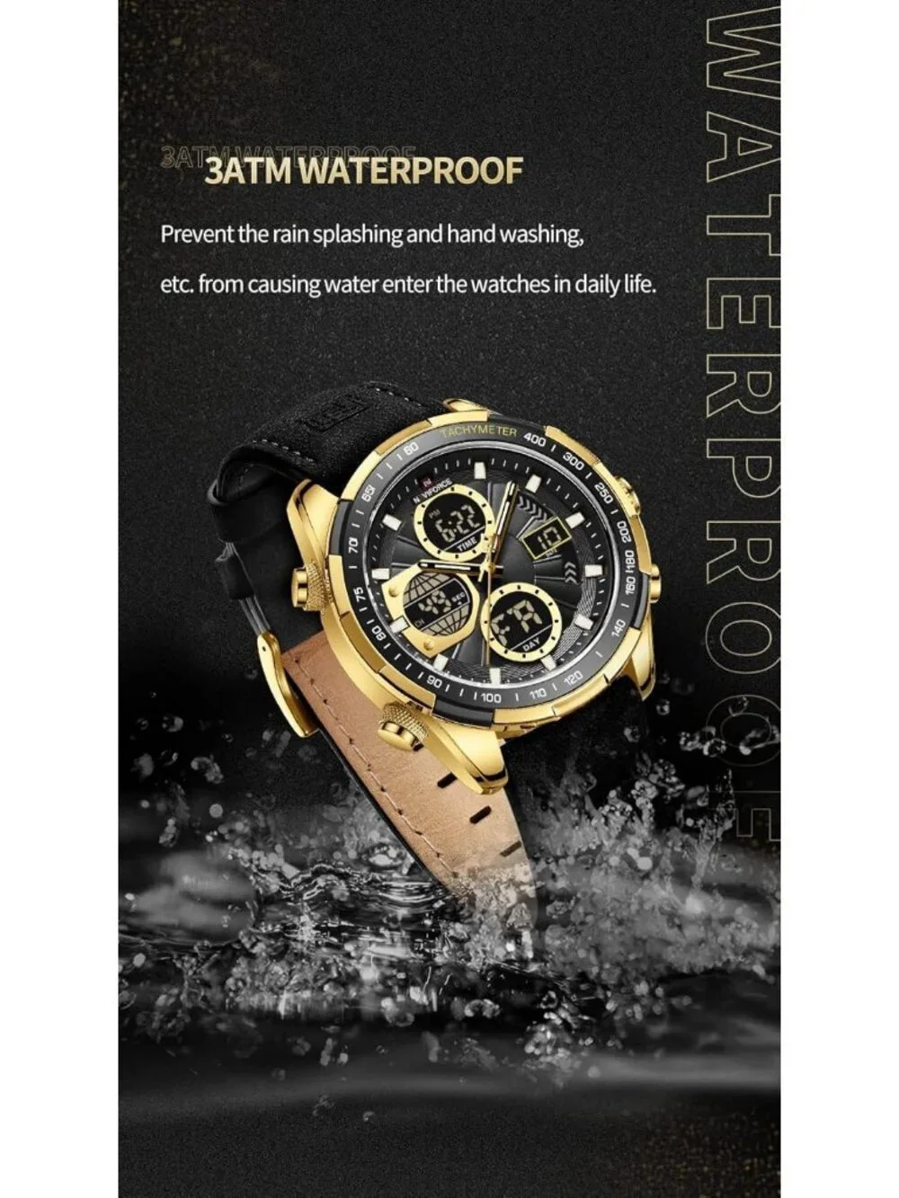 Men's Black And Gold Analog Quartz Waterproof Chronograph Stylish Casual Watch